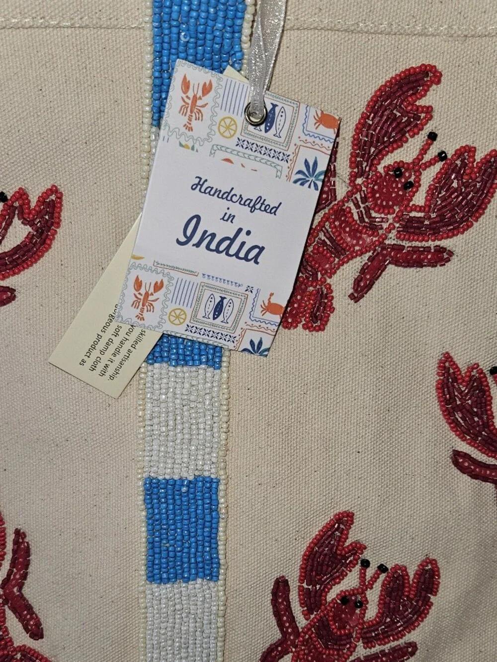 NWT Handcrafted in India Beaded Lobster Canvas Tote –Viral Coastal Statement Bag